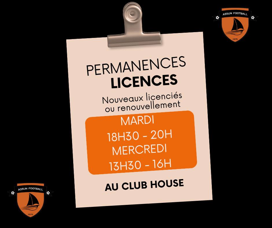 Affiche publiée par le club avec l'actualité « Permanences licences »