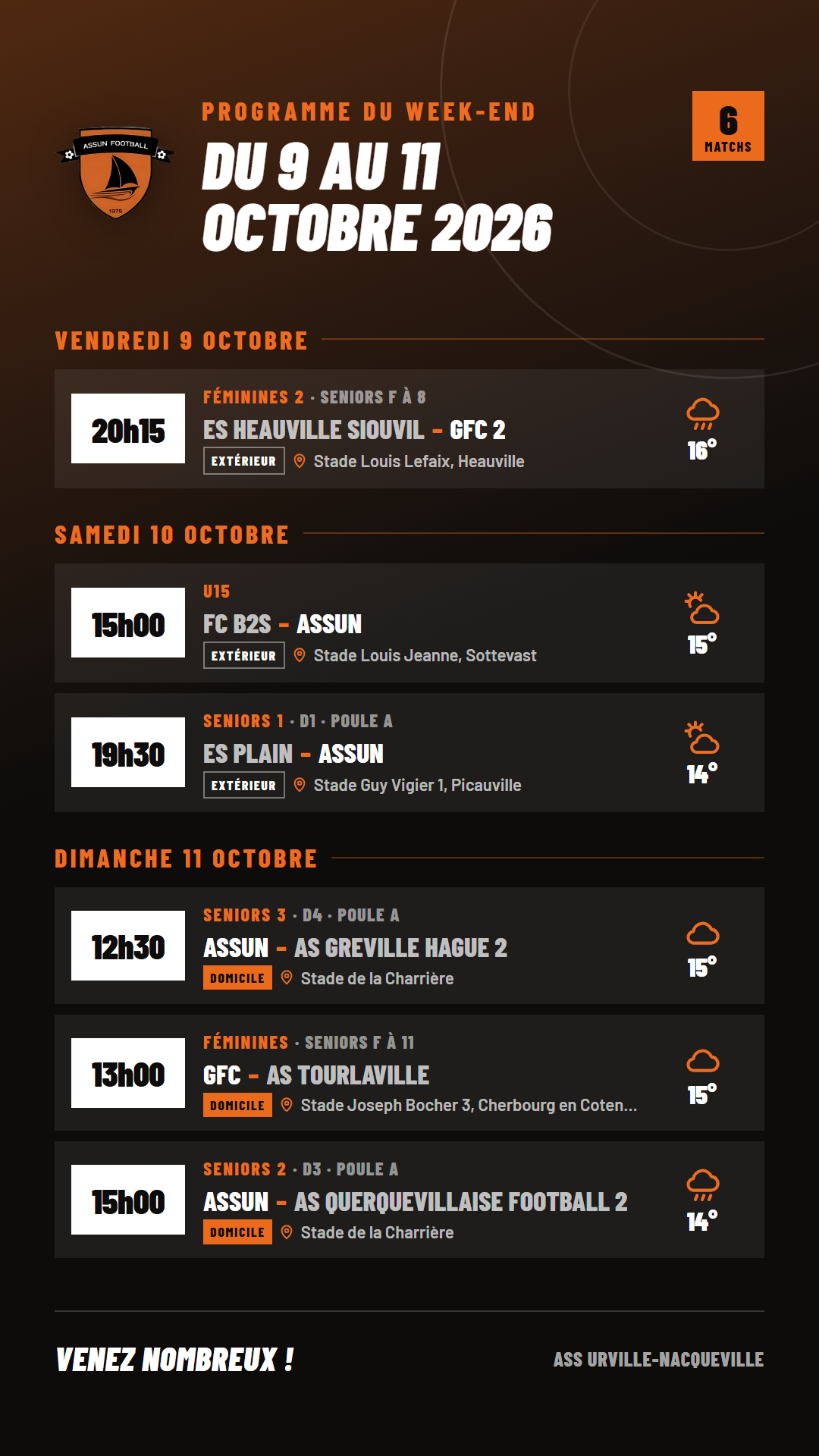 Programme du week-end de l'ASS Urville-Nacqueville Football, du 9 au 11 octobre 2026